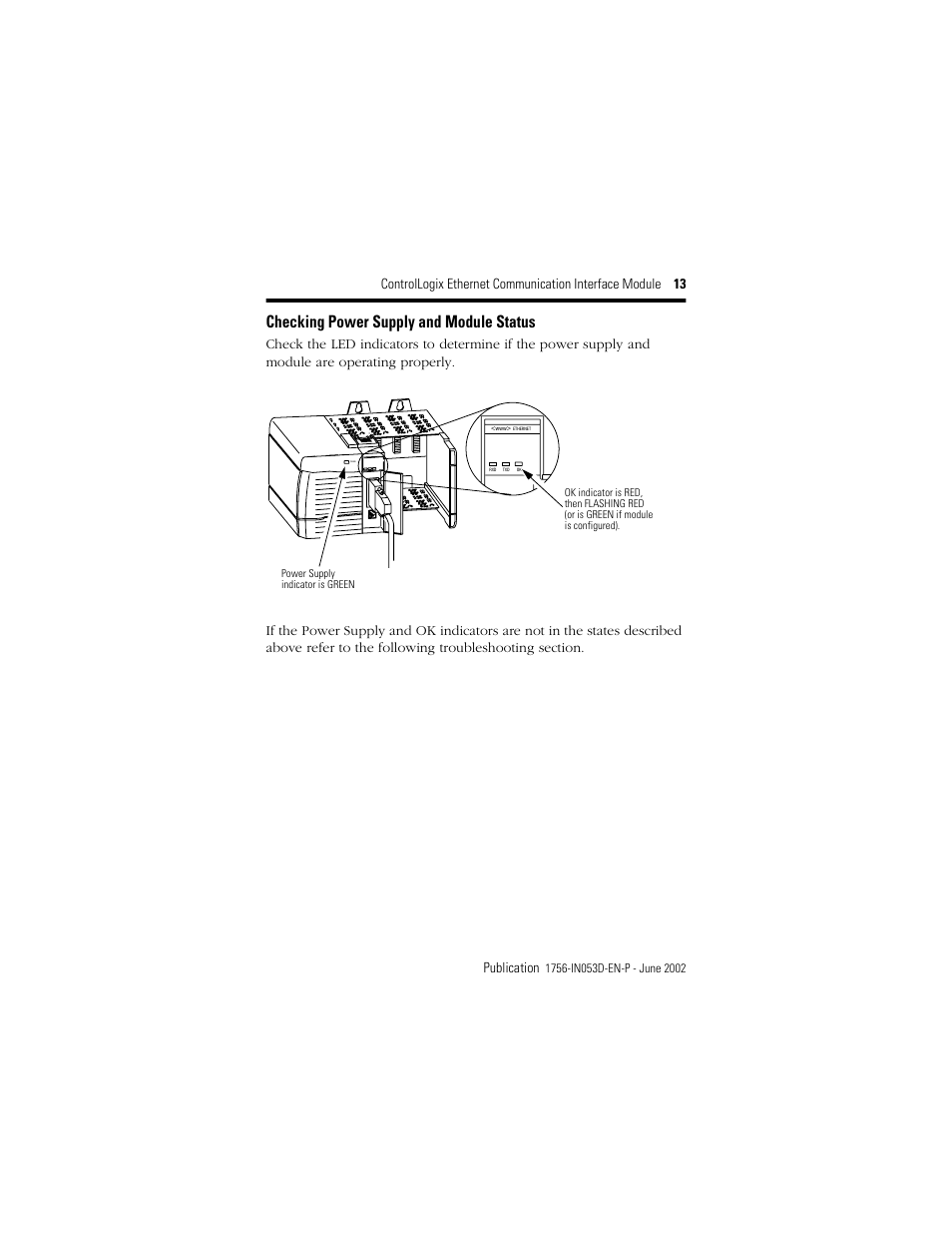 Checking power supply and module status | Rockwell Automation 1756-ENET/B ControlLogix EtherNet Comm. Interface Module, Series B Installation Instructions User Manual | Page 13 / 20