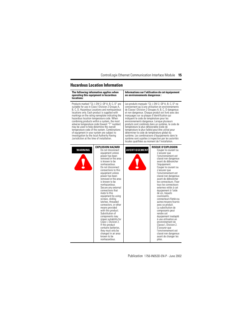 Hazardous location information | Rockwell Automation 1756-ENET/B ControlLogix EtherNet Comm. Interface Module, Series B Installation Instructions User Manual | Page 15 / 20