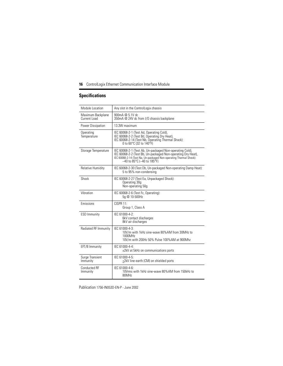 Specifications | Rockwell Automation 1756-ENET/B ControlLogix EtherNet Comm. Interface Module, Series B Installation Instructions User Manual | Page 16 / 20