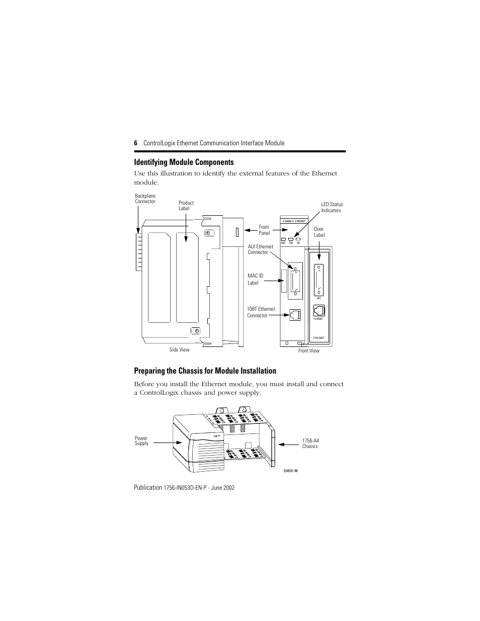 Identifying module components, Preparing the chassis for module installation | Rockwell Automation 1756-ENET/B ControlLogix EtherNet Comm. Interface Module, Series B Installation Instructions User Manual | Page 6 / 20