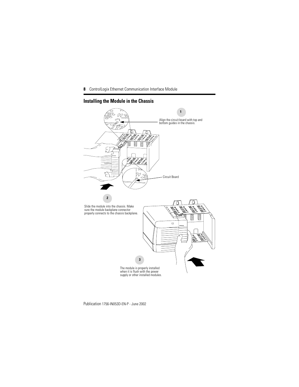 Installing the module in the chassis | Rockwell Automation 1756-ENET/B ControlLogix EtherNet Comm. Interface Module, Series B Installation Instructions User Manual | Page 8 / 20