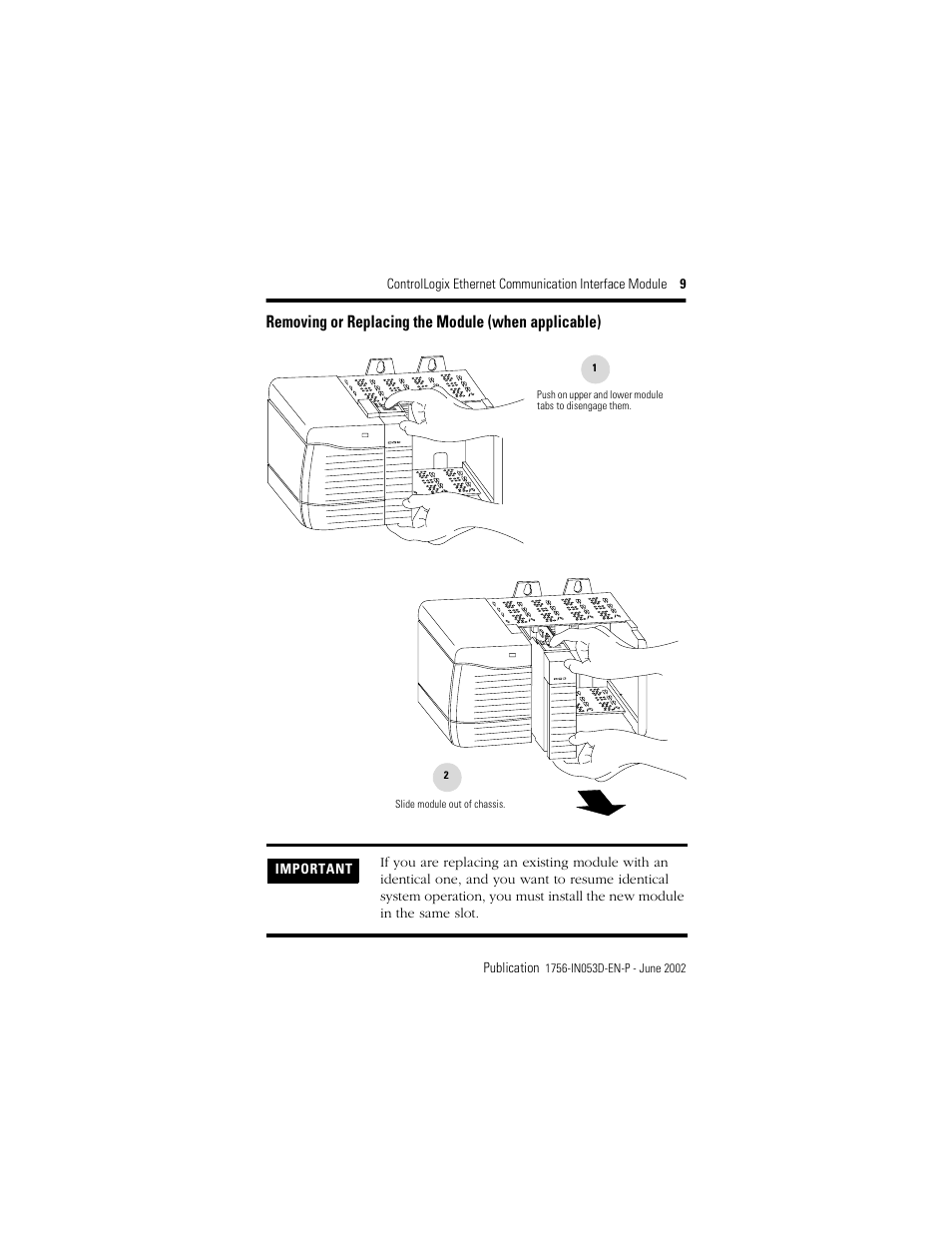 Removing or replacing the module (when applicable) | Rockwell Automation 1756-ENET/B ControlLogix EtherNet Comm. Interface Module, Series B Installation Instructions User Manual | Page 9 / 20