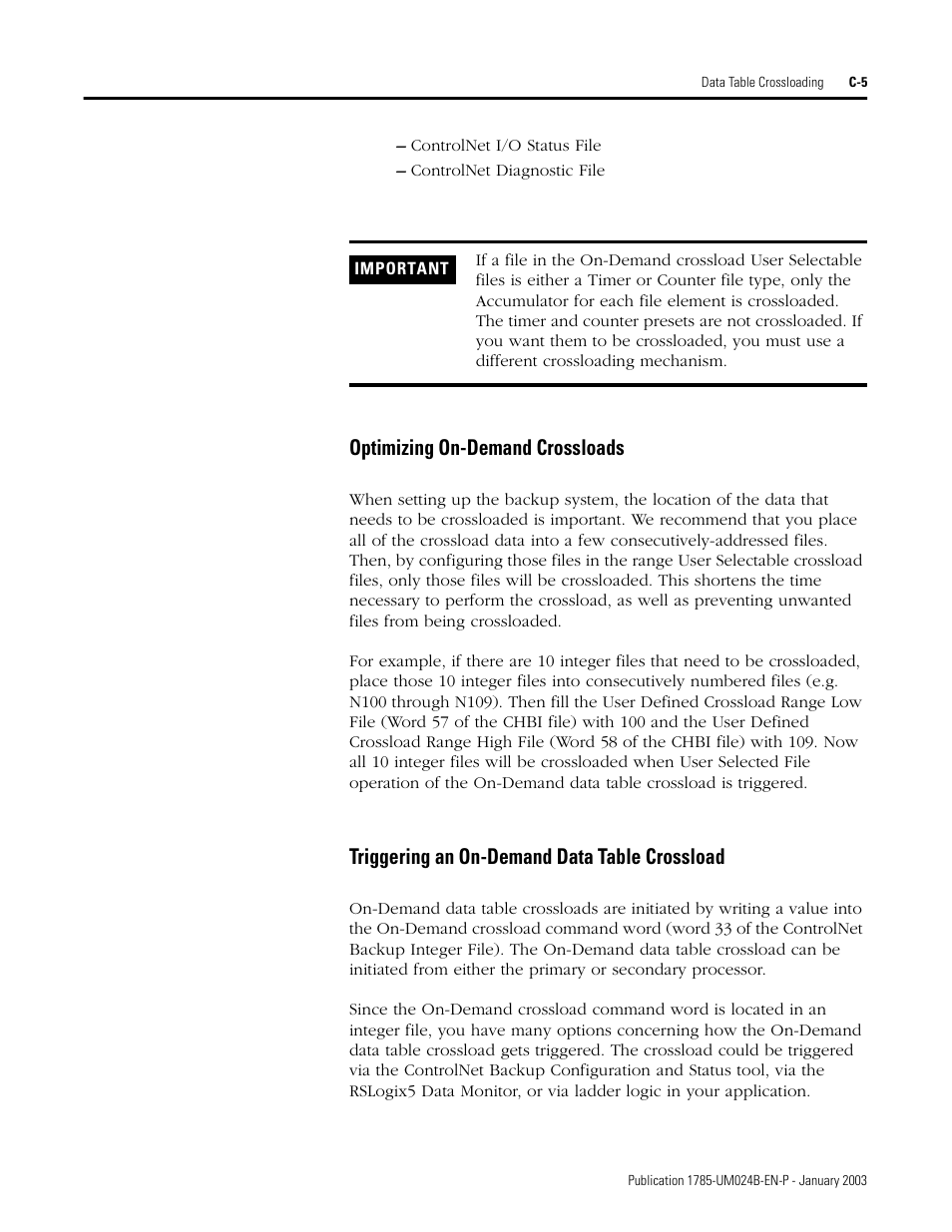 Optimizing on-demand crossloads, Triggering an on-demand data table crossload | Rockwell Automation 1785-CHBM ControlNet PLC-5 Hot Backup System User Manual User Manual | Page 103 / 140