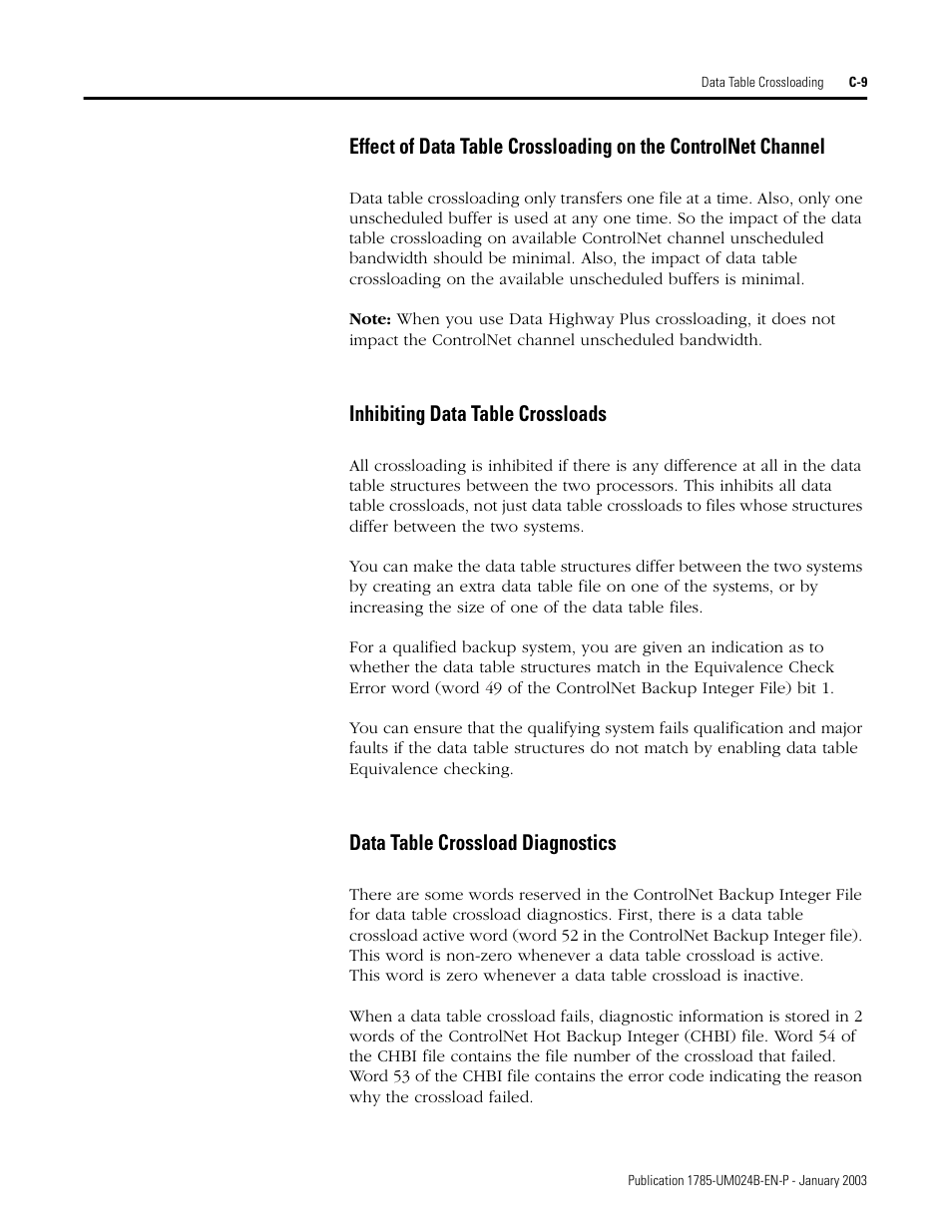 Inhibiting data table crossloads, Data table crossload diagnostics | Rockwell Automation 1785-CHBM ControlNet PLC-5 Hot Backup System User Manual User Manual | Page 107 / 140