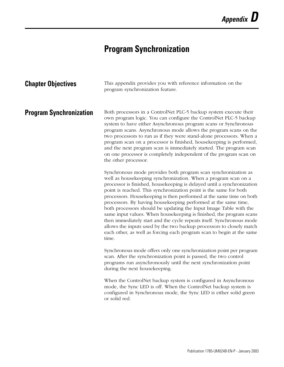 App d - program synchronization, Chapter objectives, Program synchronization | Rockwell Automation 1785-CHBM ControlNet PLC-5 Hot Backup System User Manual User Manual | Page 109 / 140