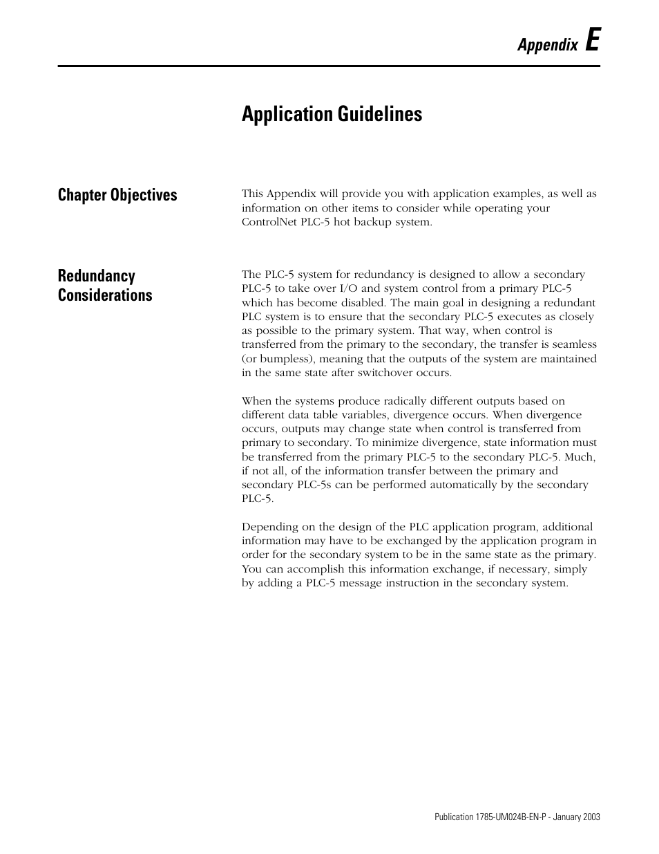 App e - application guidelines, Chapter objectives, Redundancy considerations | Application guidelines, Appendix e | Rockwell Automation 1785-CHBM ControlNet PLC-5 Hot Backup System User Manual User Manual | Page 113 / 140