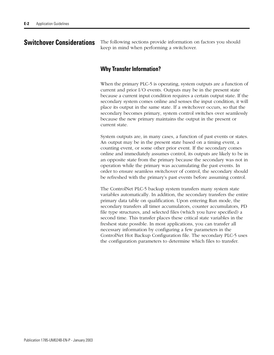 Switchover considerations, Why transfer information | Rockwell Automation 1785-CHBM ControlNet PLC-5 Hot Backup System User Manual User Manual | Page 114 / 140