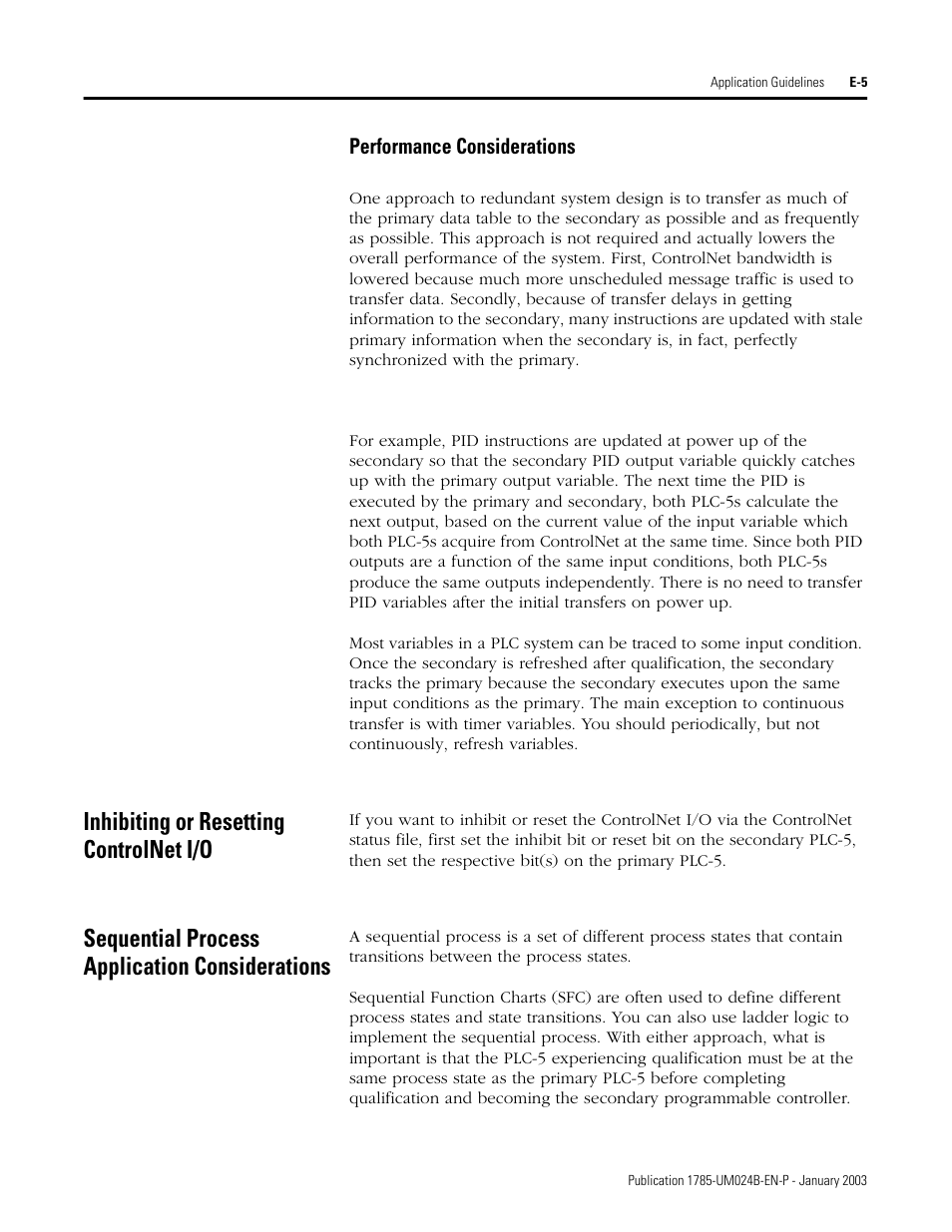 Performance considerations, Inhibiting or resetting controlnet i/o, Sequential process application considerations | Rockwell Automation 1785-CHBM ControlNet PLC-5 Hot Backup System User Manual User Manual | Page 117 / 140