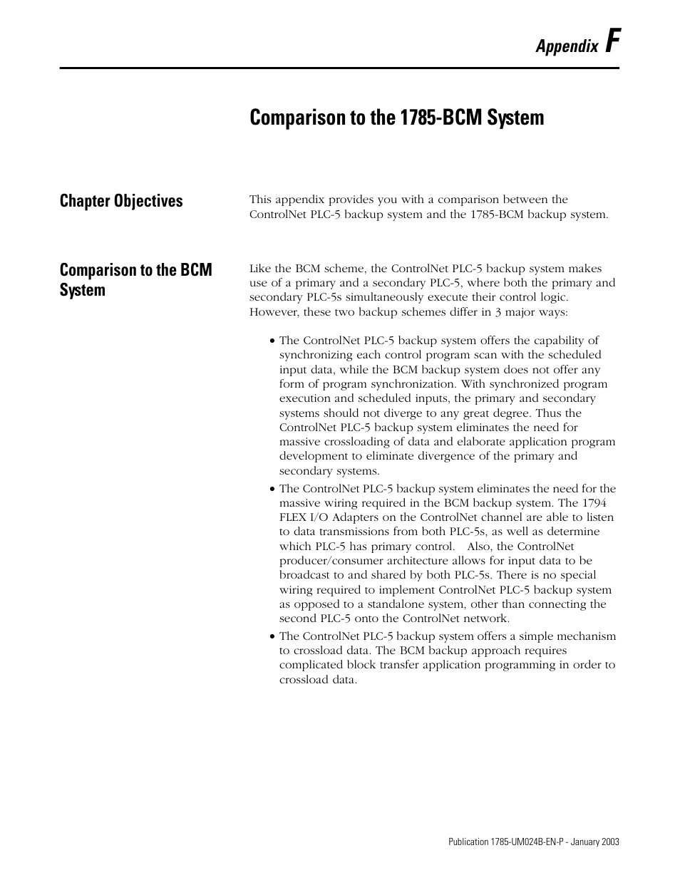 App f - comparison to the 1785-bcm system, Chapter objectives, Comparison to the bcm system | Compa, Comparison to the 1785-bcm system | Rockwell Automation 1785-CHBM ControlNet PLC-5 Hot Backup System User Manual User Manual | Page 123 / 140