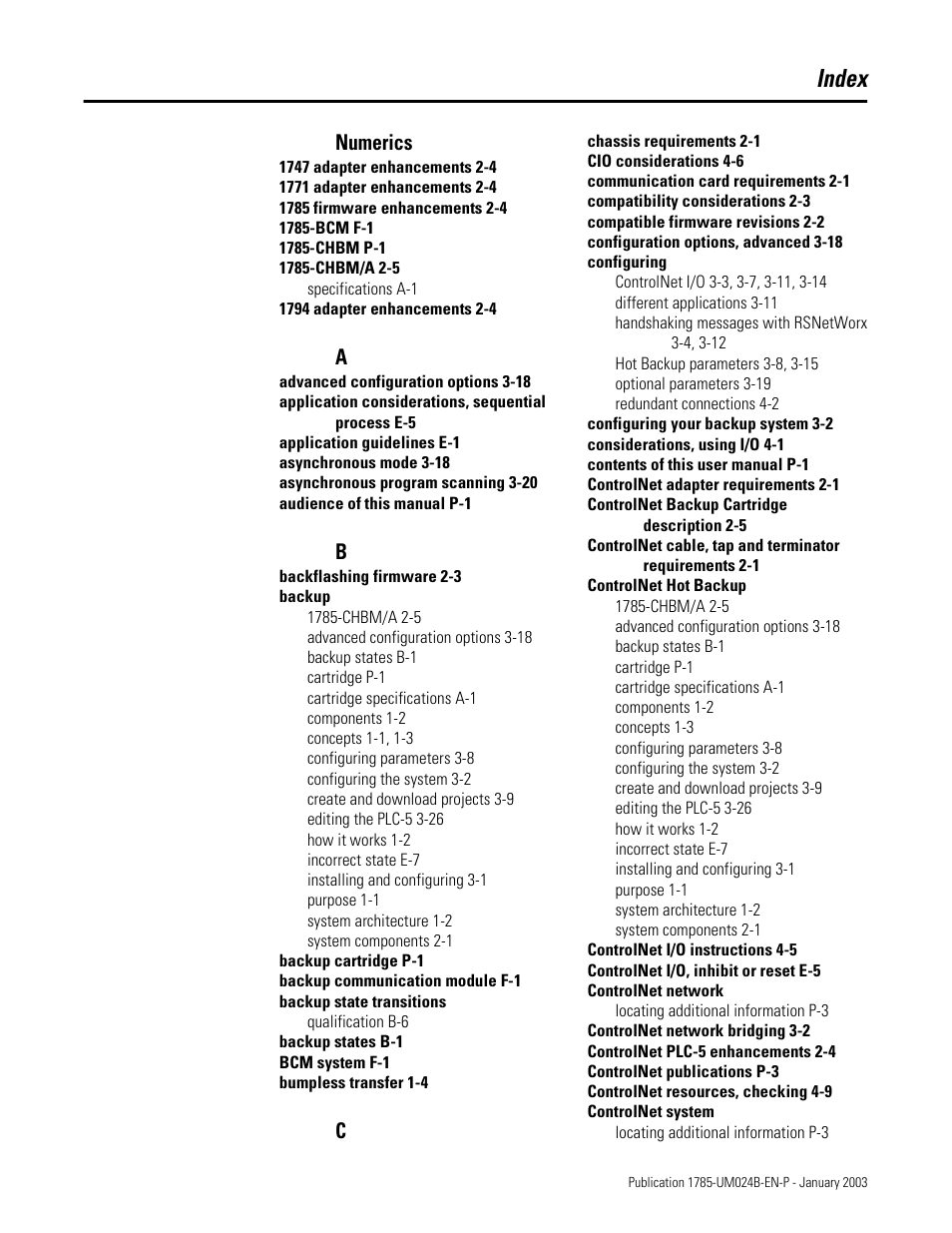 Index | Rockwell Automation 1785-CHBM ControlNet PLC-5 Hot Backup System User Manual User Manual | Page 133 / 140