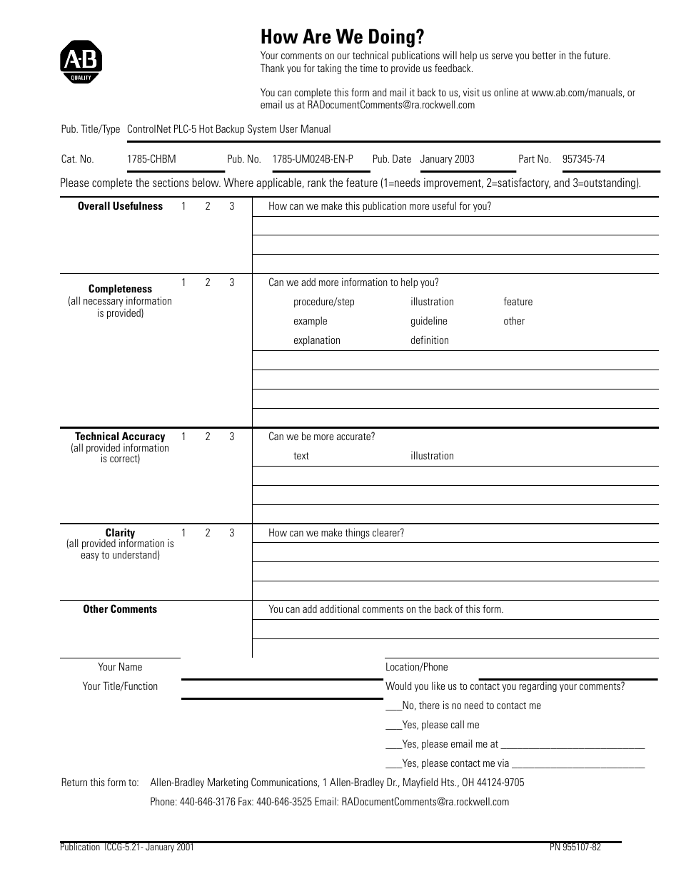 How are we doing form, How are we doing | Rockwell Automation 1785-CHBM ControlNet PLC-5 Hot Backup System User Manual User Manual | Page 137 / 140