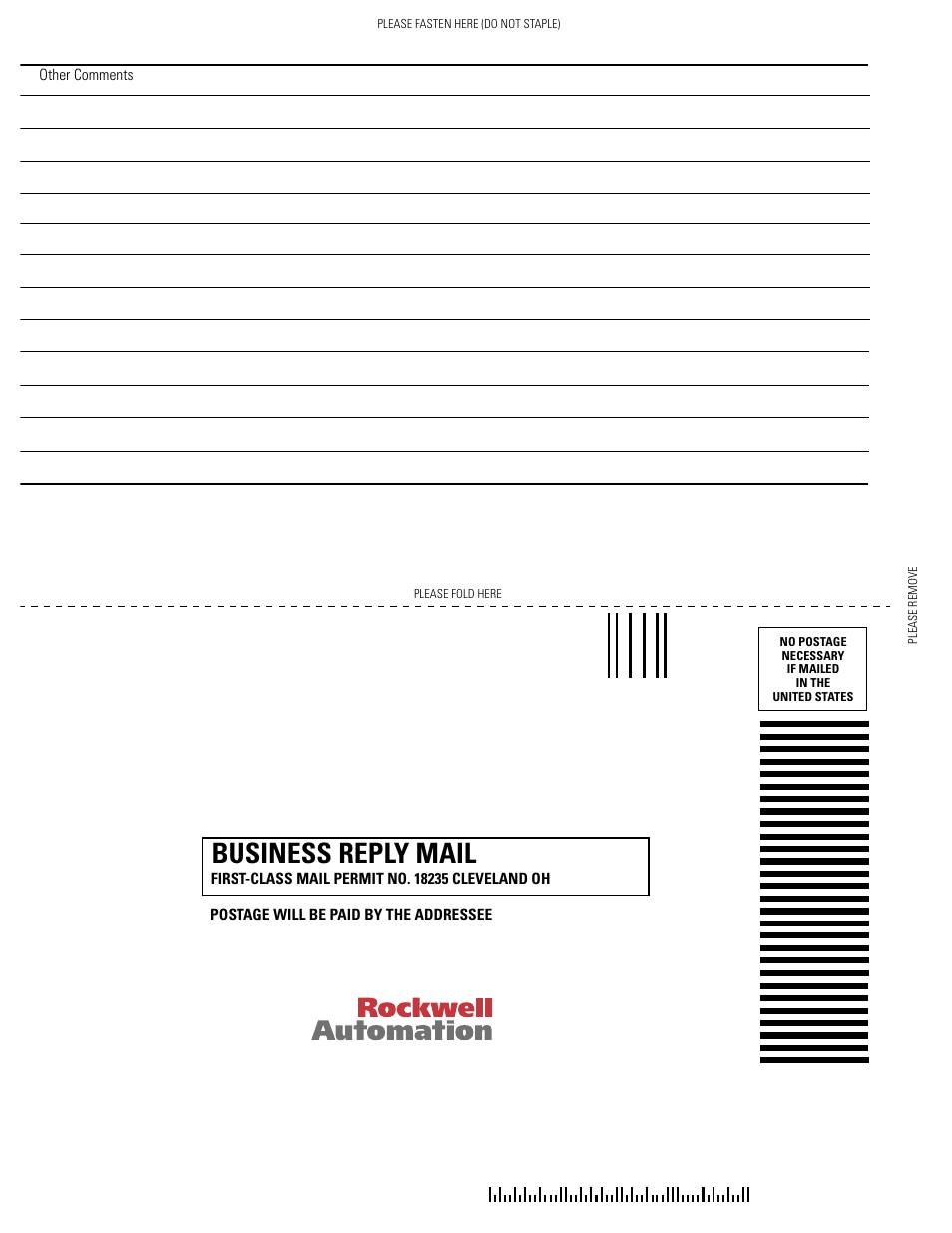 Business reply mail | Rockwell Automation 1785-CHBM ControlNet PLC-5 Hot Backup System User Manual User Manual | Page 138 / 140