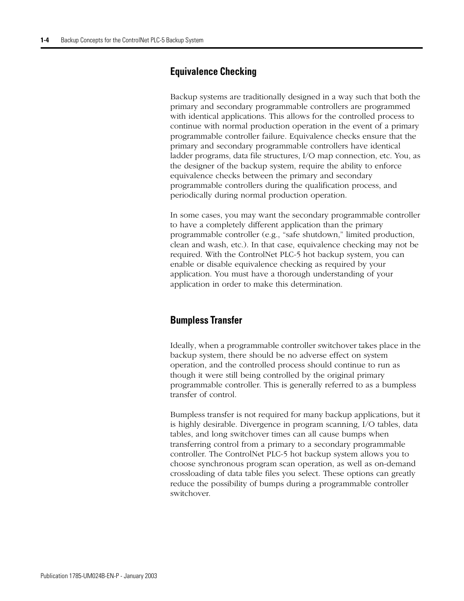 Equivalence checking, Bumpless transfer, Equivalence checking -4 bumpless transfer -4 | Rockwell Automation 1785-CHBM ControlNet PLC-5 Hot Backup System User Manual User Manual | Page 18 / 140