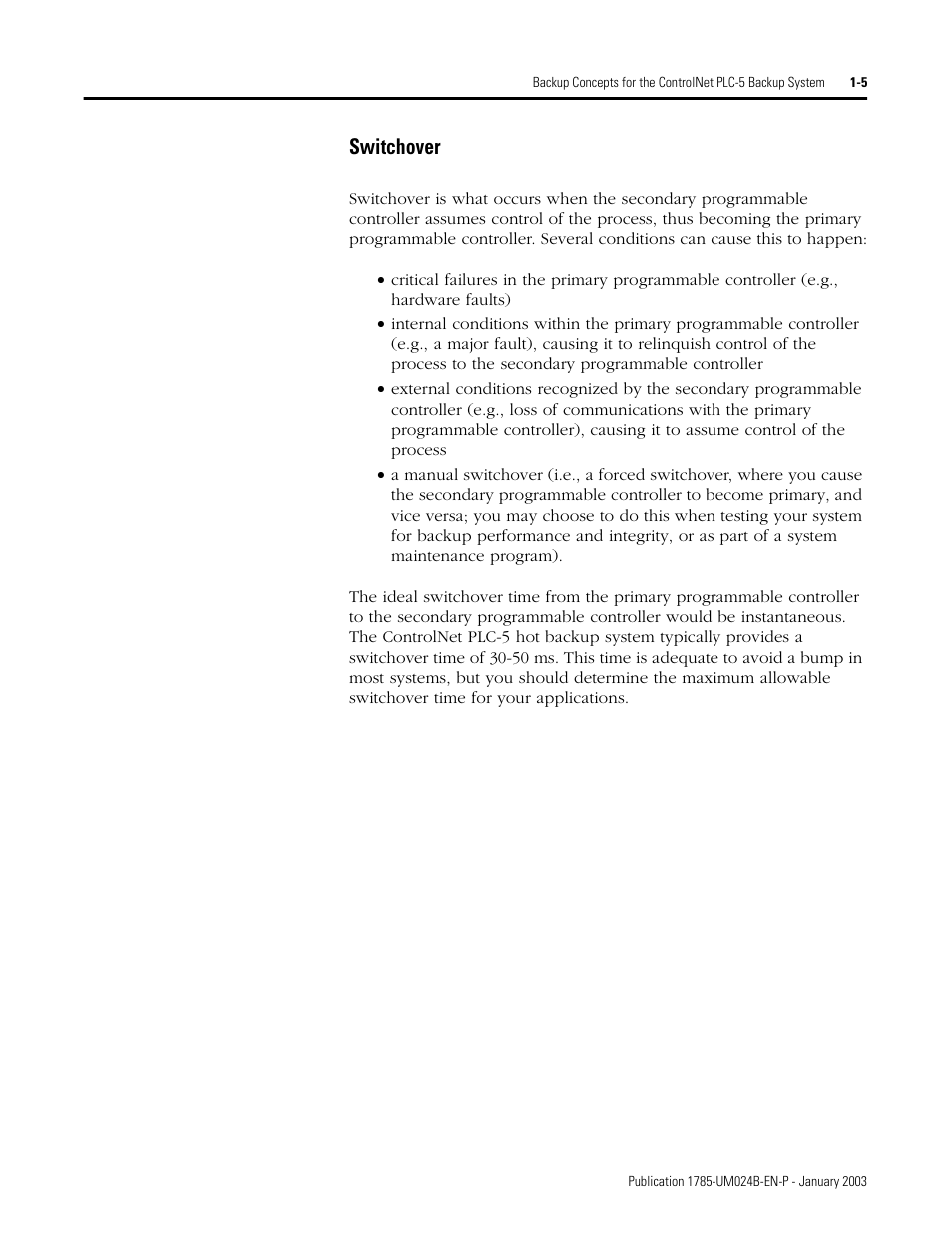 Switchover, Switchover -5 | Rockwell Automation 1785-CHBM ControlNet PLC-5 Hot Backup System User Manual User Manual | Page 19 / 140