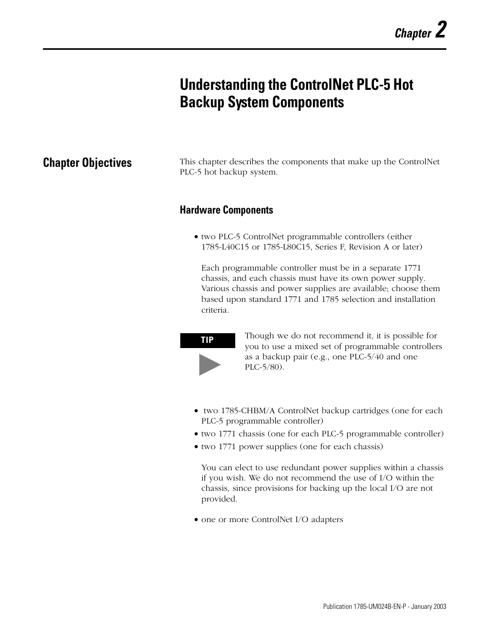 Chapter objectives, Hardware components, Chapter 2 | Hardware components -1, Chapter | Rockwell Automation 1785-CHBM ControlNet PLC-5 Hot Backup System User Manual User Manual | Page 21 / 140