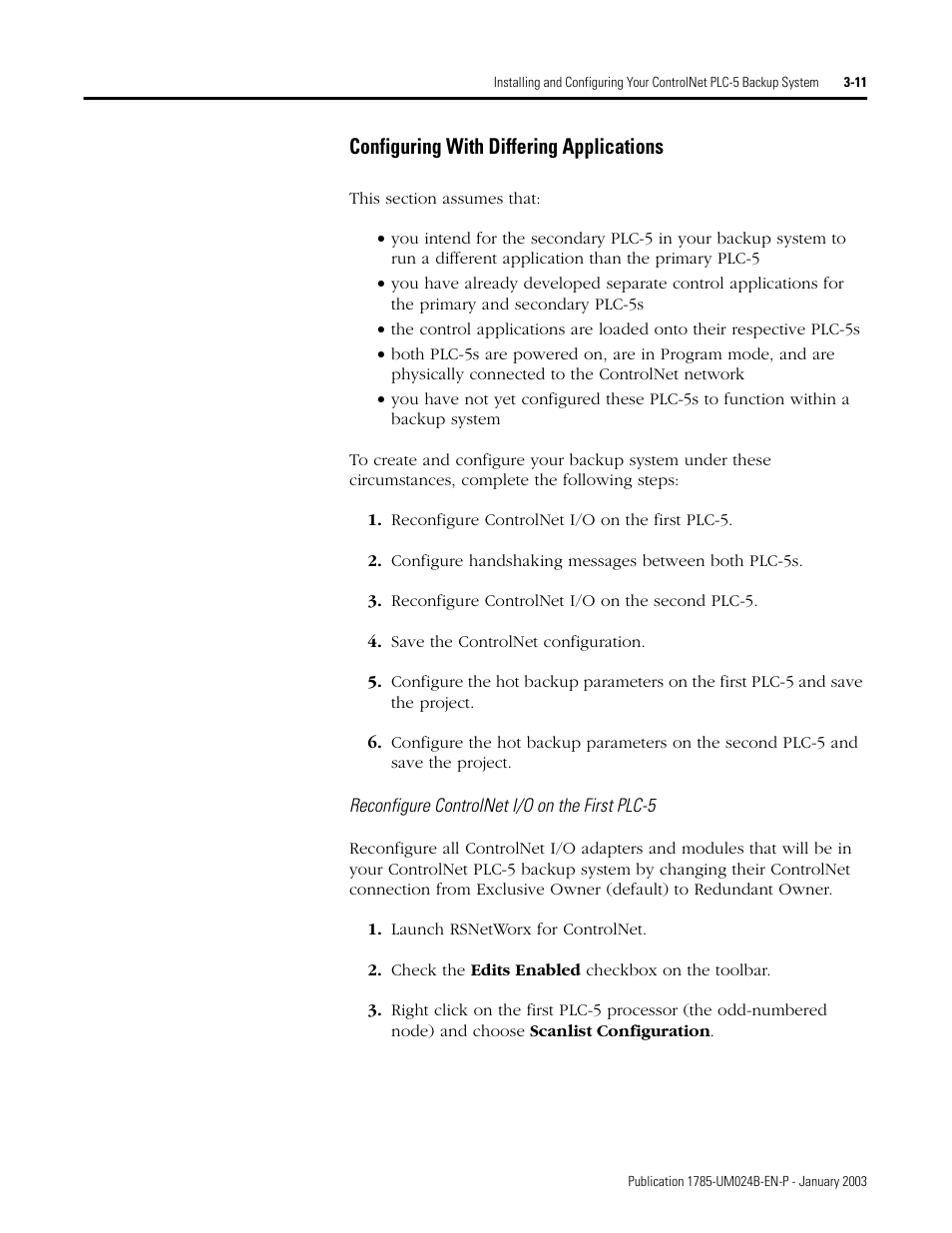 Configuring with differing applications, Configuring with differing applications -11 | Rockwell Automation 1785-CHBM ControlNet PLC-5 Hot Backup System User Manual User Manual | Page 37 / 140