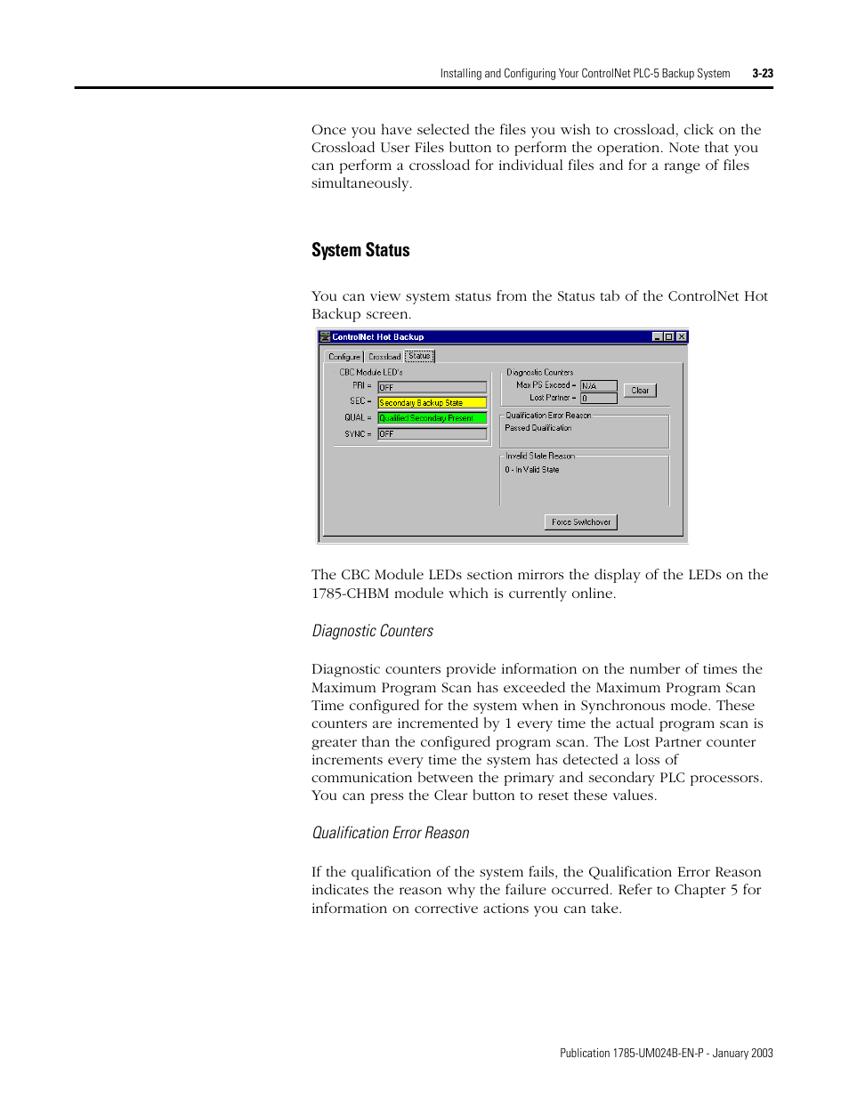System status, System status -23 | Rockwell Automation 1785-CHBM ControlNet PLC-5 Hot Backup System User Manual User Manual | Page 49 / 140