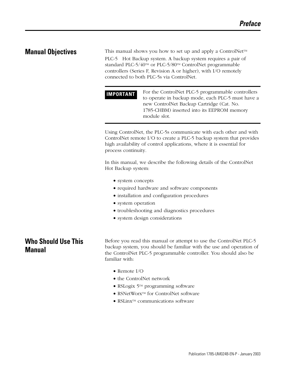 Preface, Manual objectives, Who should use this manual | Preface manual objectives | Rockwell Automation 1785-CHBM ControlNet PLC-5 Hot Backup System User Manual User Manual | Page 5 / 140