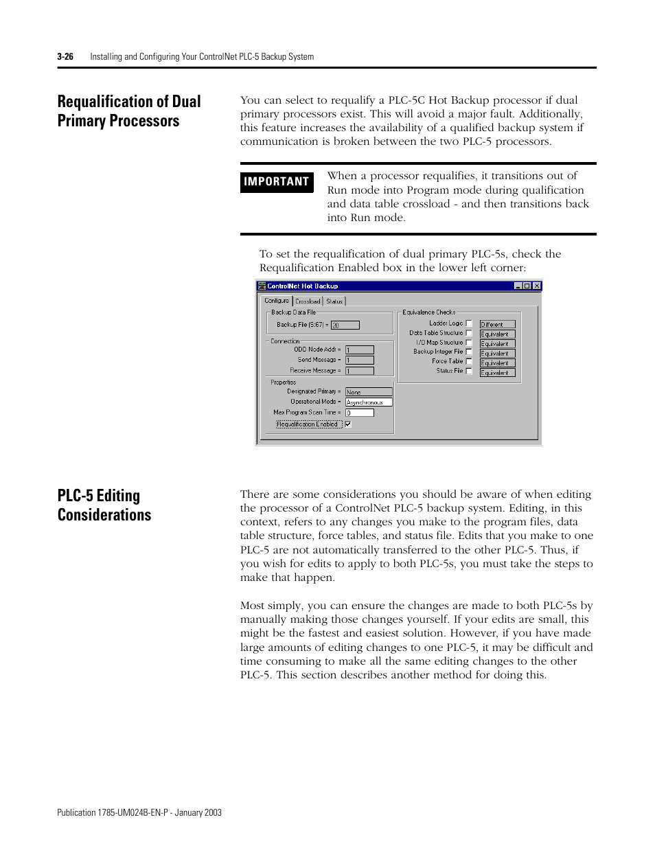 Requalification of dual primary processors, Plc-5 editing considerations | Rockwell Automation 1785-CHBM ControlNet PLC-5 Hot Backup System User Manual User Manual | Page 52 / 140