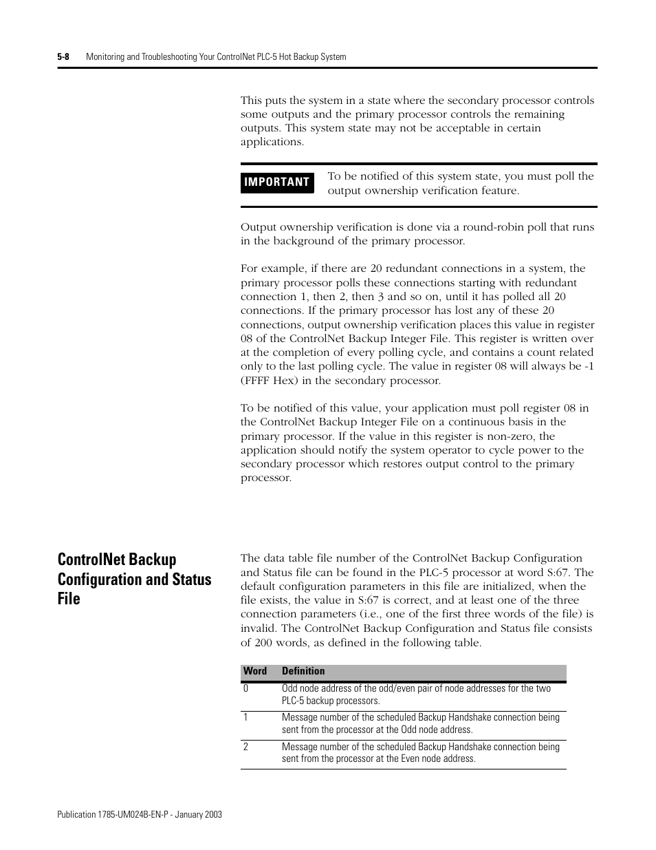 Controlnet backup configuration and status file, Controlnet backup configuration and status file -8 | Rockwell Automation 1785-CHBM ControlNet PLC-5 Hot Backup System User Manual User Manual | Page 72 / 140