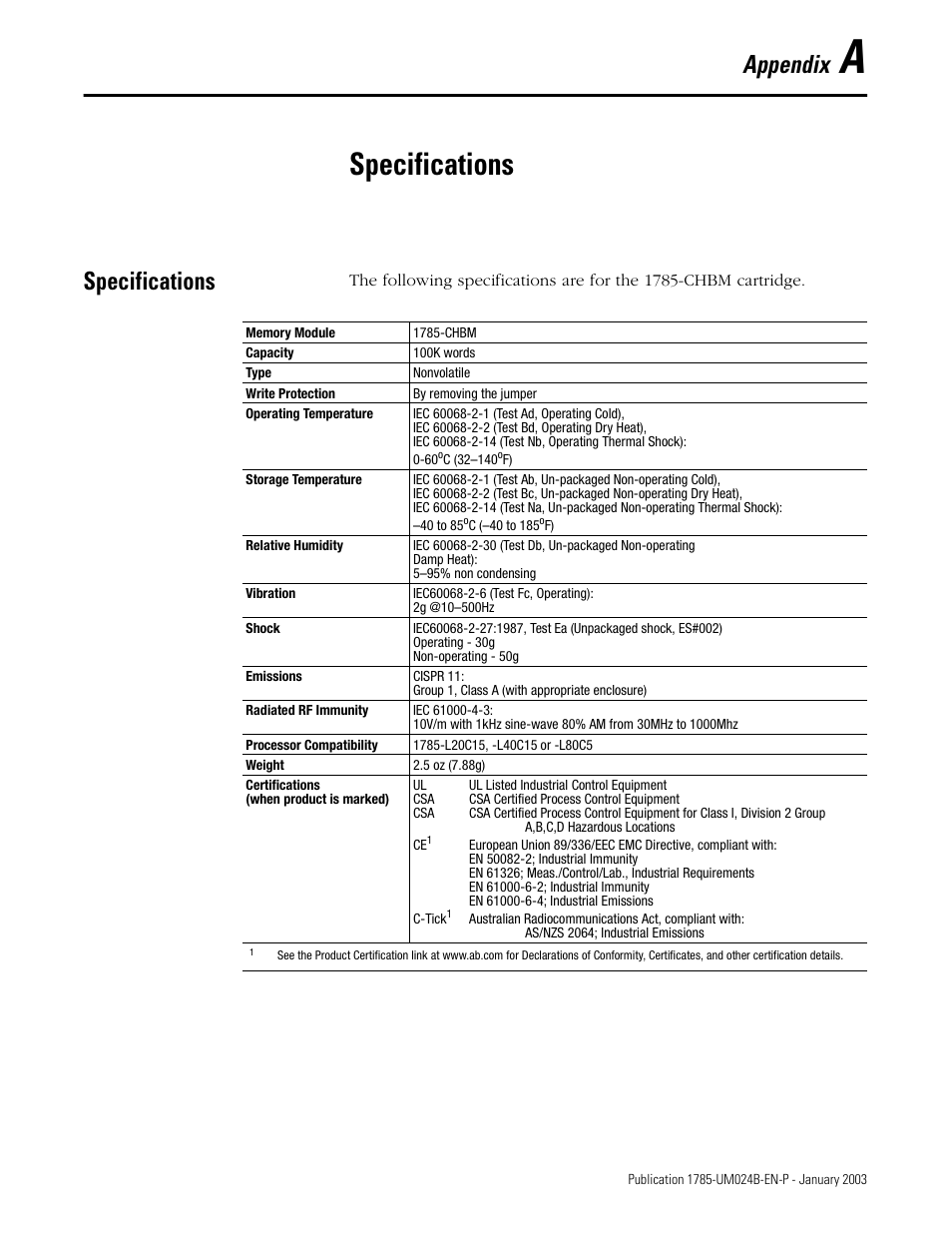 App a - specifications, Specifications, Appendix a | Appendix | Rockwell Automation 1785-CHBM ControlNet PLC-5 Hot Backup System User Manual User Manual | Page 79 / 140