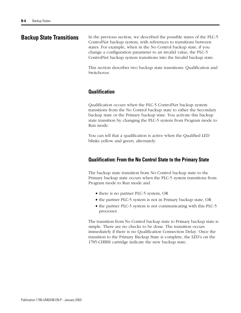 Backup state transitions, Qualification | Rockwell Automation 1785-CHBM ControlNet PLC-5 Hot Backup System User Manual User Manual | Page 86 / 140