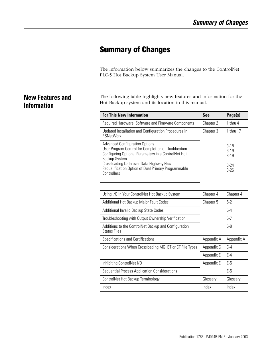 Summary of changes, New features and information | Rockwell Automation 1785-CHBM ControlNet PLC-5 Hot Backup System User Manual User Manual | Page 9 / 140