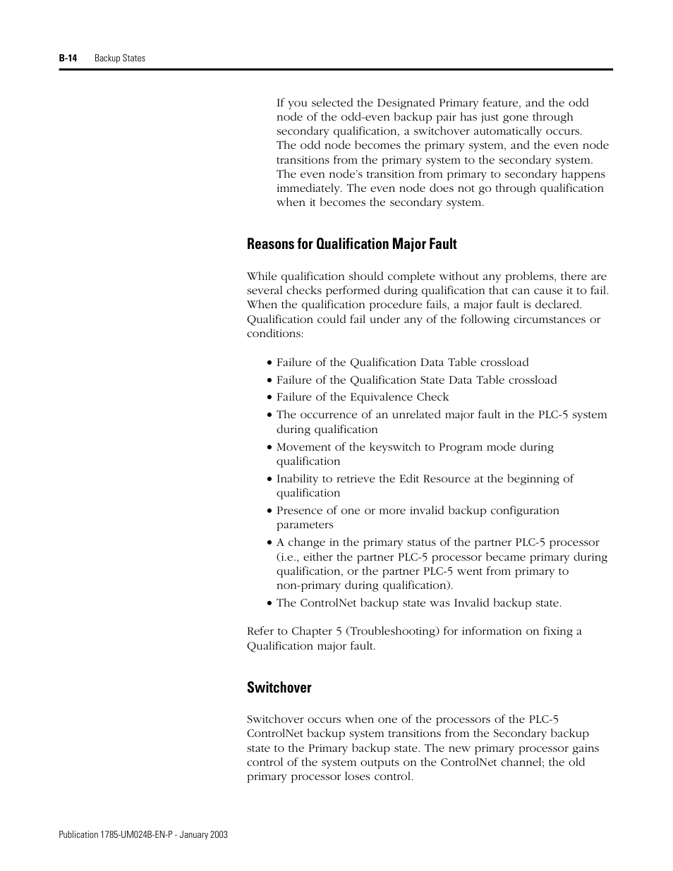 Reasons for qualification major fault, Switchover | Rockwell Automation 1785-CHBM ControlNet PLC-5 Hot Backup System User Manual User Manual | Page 94 / 140