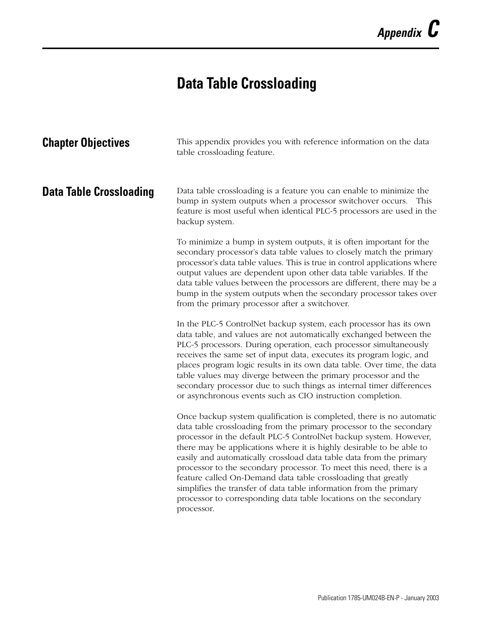 App c - data table crossloading, Chapter objectives, Data table crossloading | Appendix c | Rockwell Automation 1785-CHBM ControlNet PLC-5 Hot Backup System User Manual User Manual | Page 99 / 140