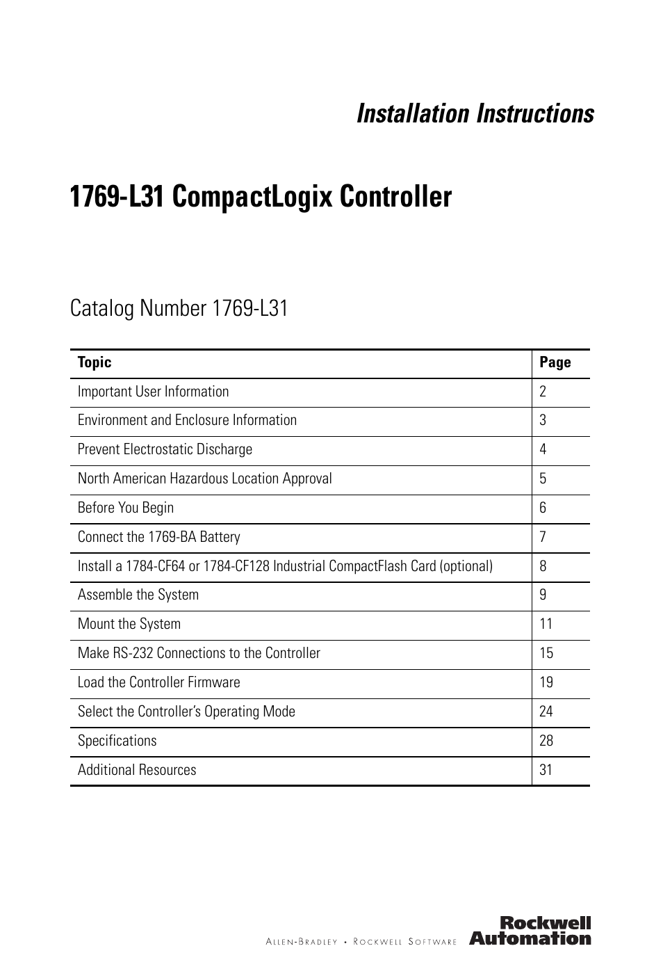Rockwell Automation 1769-L31 CompactLogix Controller Installation Instructions User Manual | 32 pages