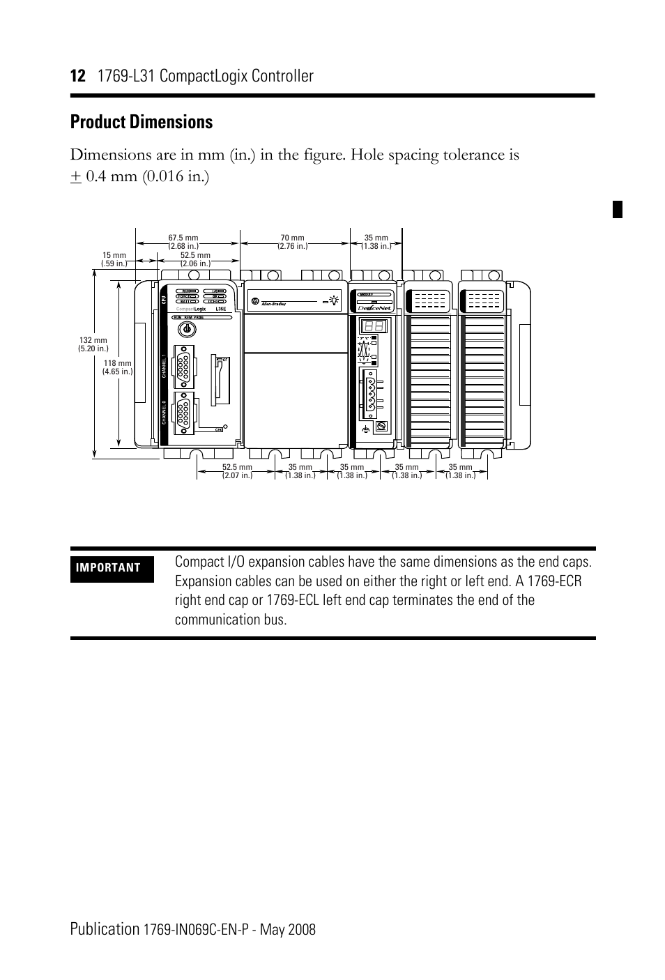 Product dimensions | Rockwell Automation 1769-L31 CompactLogix Controller Installation Instructions User Manual | Page 12 / 32