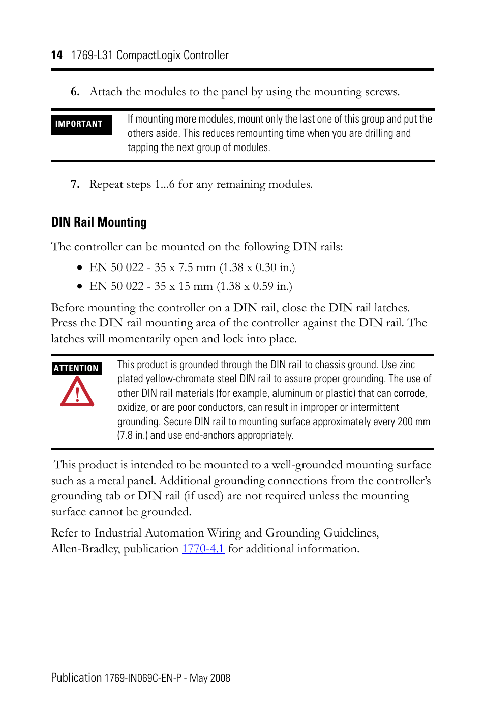 Din rail mounting | Rockwell Automation 1769-L31 CompactLogix Controller Installation Instructions User Manual | Page 14 / 32