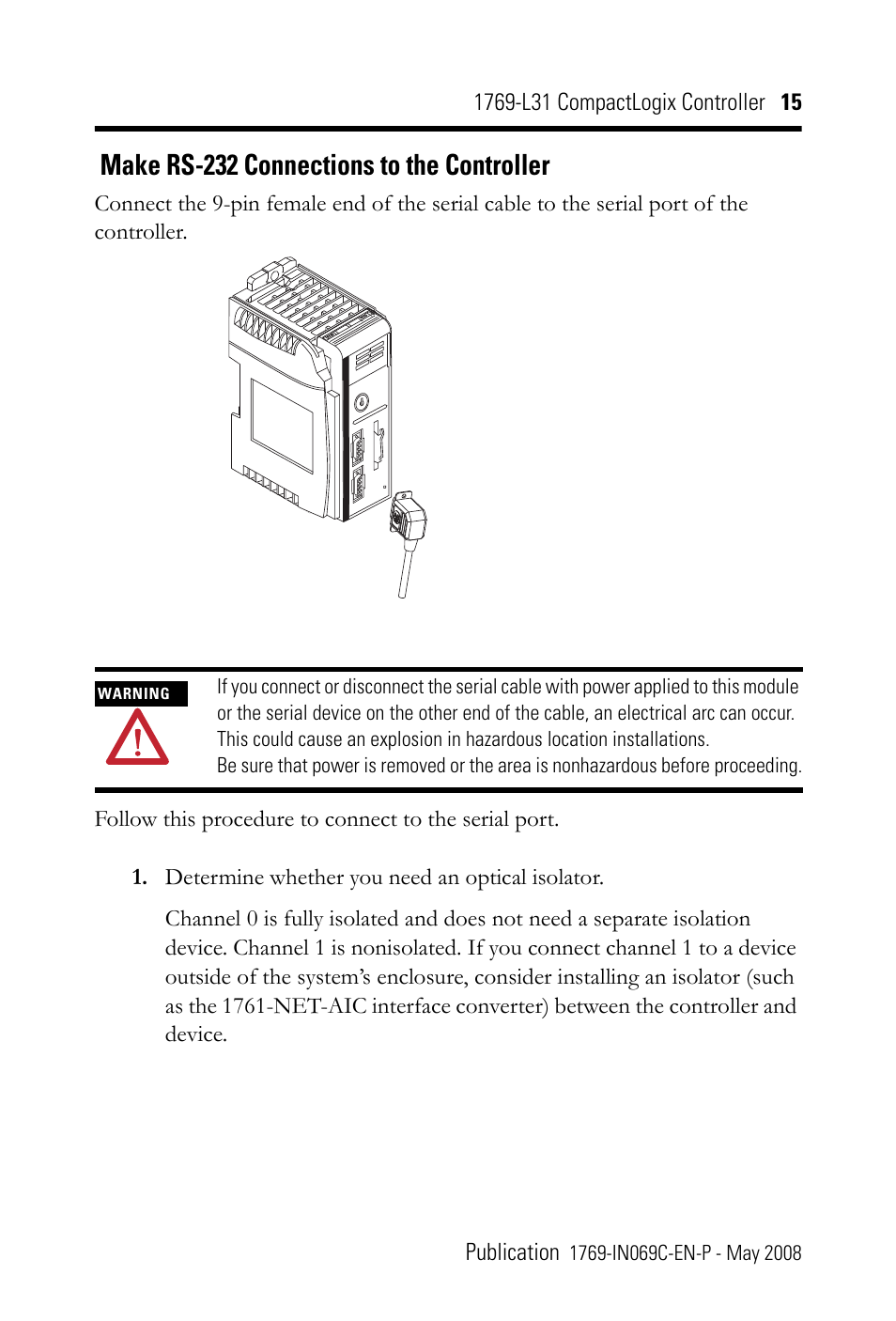 Make rs-232 connections to the controller | Rockwell Automation 1769-L31 CompactLogix Controller Installation Instructions User Manual | Page 15 / 32