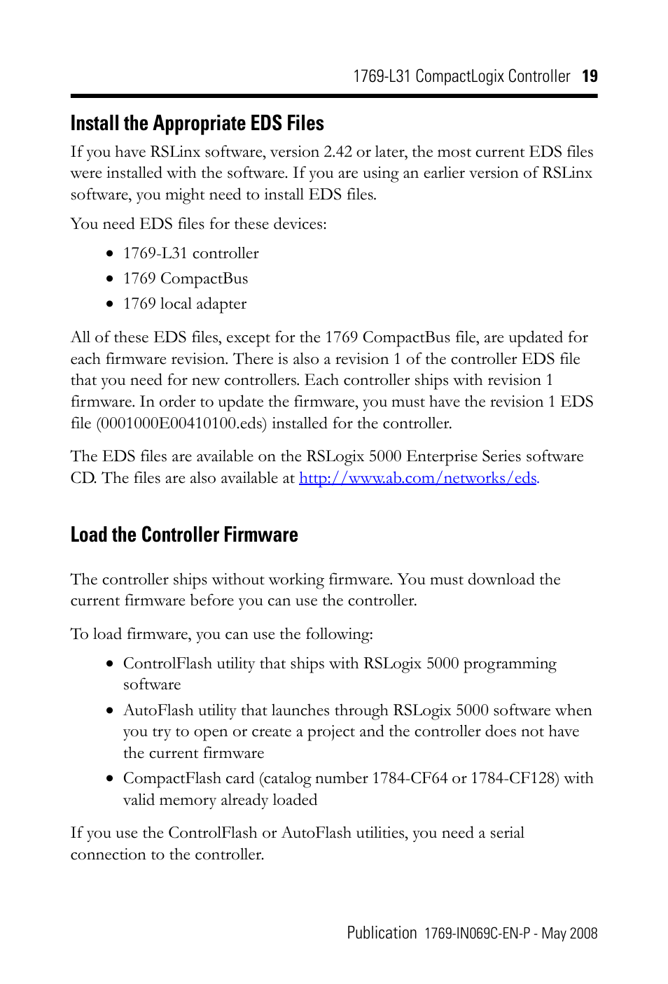 Install the appropriate eds files, Load the controller firmware | Rockwell Automation 1769-L31 CompactLogix Controller Installation Instructions User Manual | Page 19 / 32