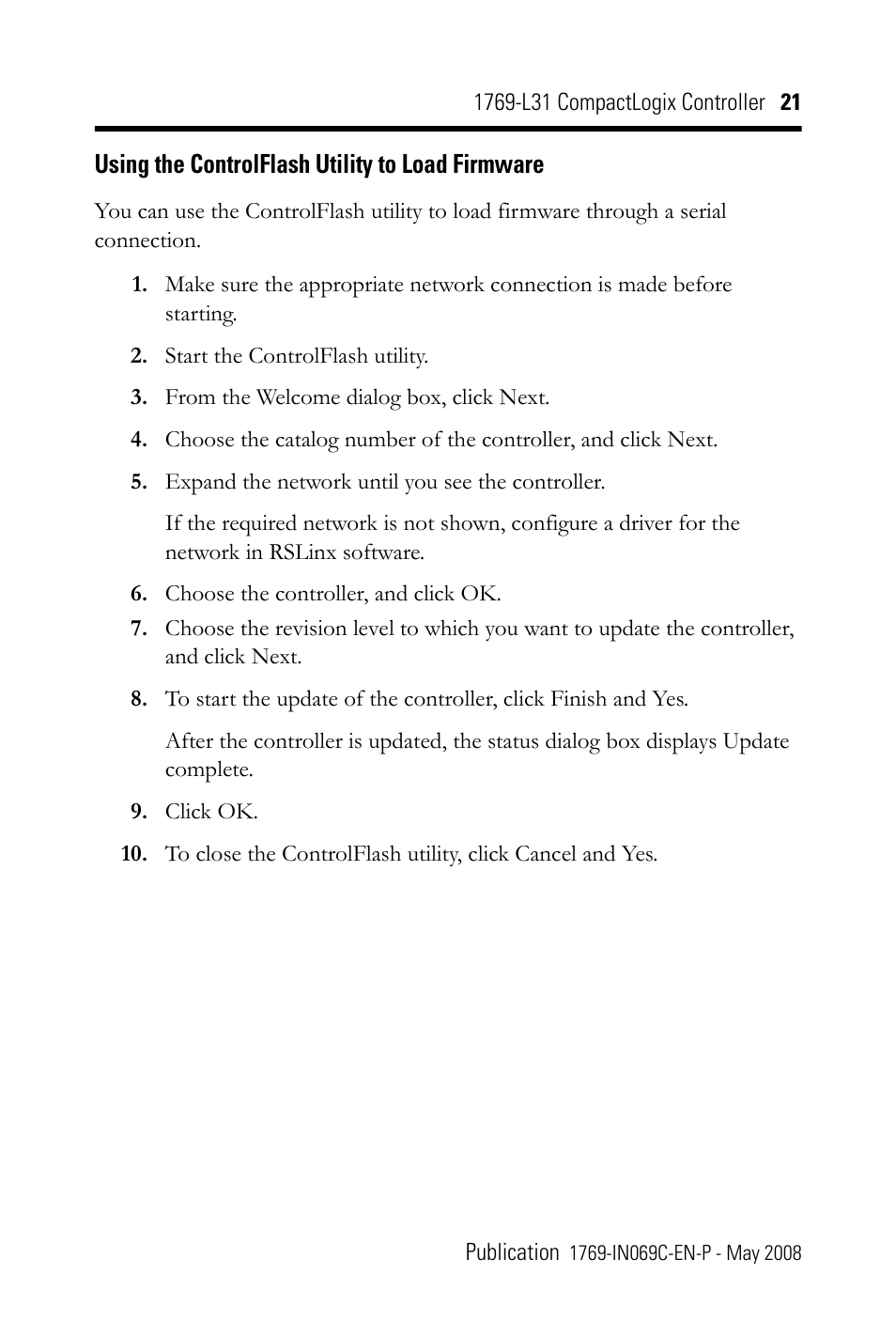 Using the controlflash utility to load firmware | Rockwell Automation 1769-L31 CompactLogix Controller Installation Instructions User Manual | Page 21 / 32