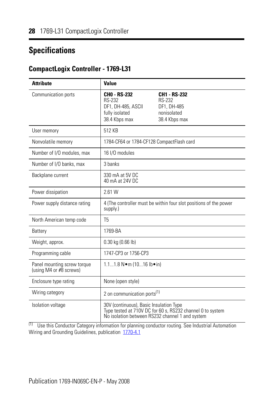 Specifications, Specifications 28 | Rockwell Automation 1769-L31 CompactLogix Controller Installation Instructions User Manual | Page 28 / 32