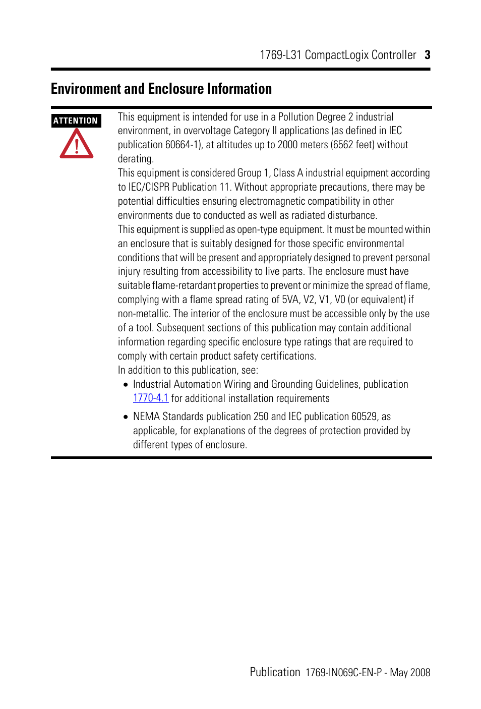 Environment and enclosure information | Rockwell Automation 1769-L31 CompactLogix Controller Installation Instructions User Manual | Page 3 / 32