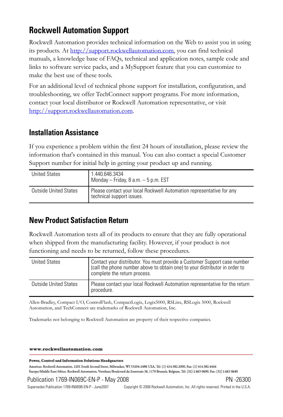 Back cover, Rockwell automation support, Installation assistance | New product satisfaction return | Rockwell Automation 1769-L31 CompactLogix Controller Installation Instructions User Manual | Page 32 / 32