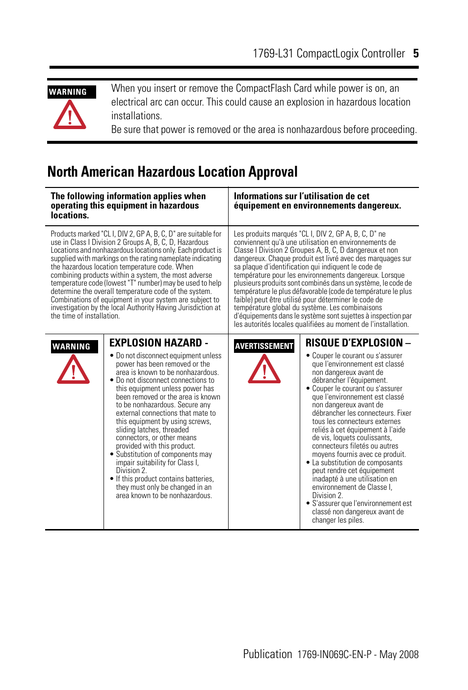 North american hazardous location approval, Explosion hazard, Risque d’explosion | Rockwell Automation 1769-L31 CompactLogix Controller Installation Instructions User Manual | Page 5 / 32
