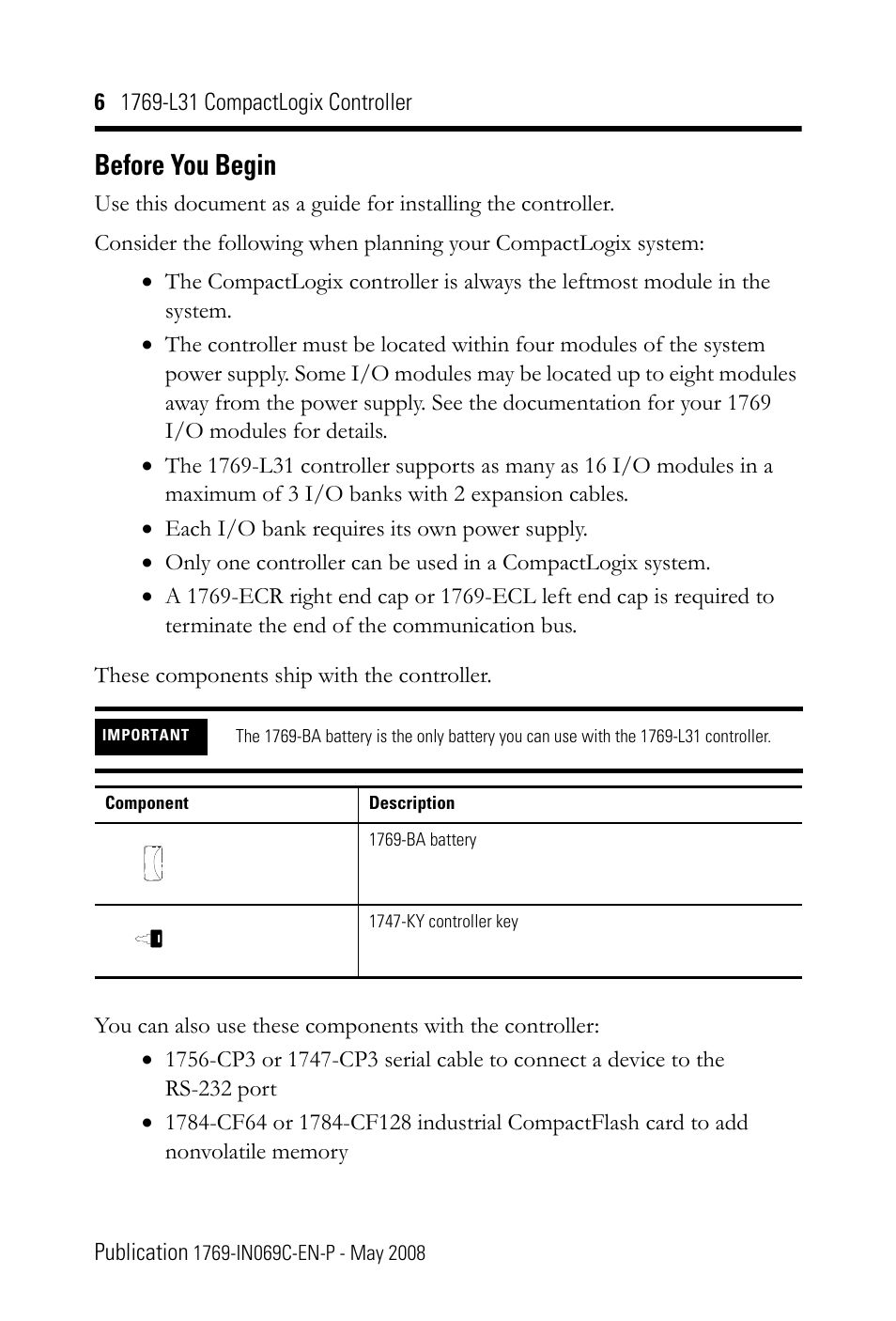 Before you begin | Rockwell Automation 1769-L31 CompactLogix Controller Installation Instructions User Manual | Page 6 / 32
