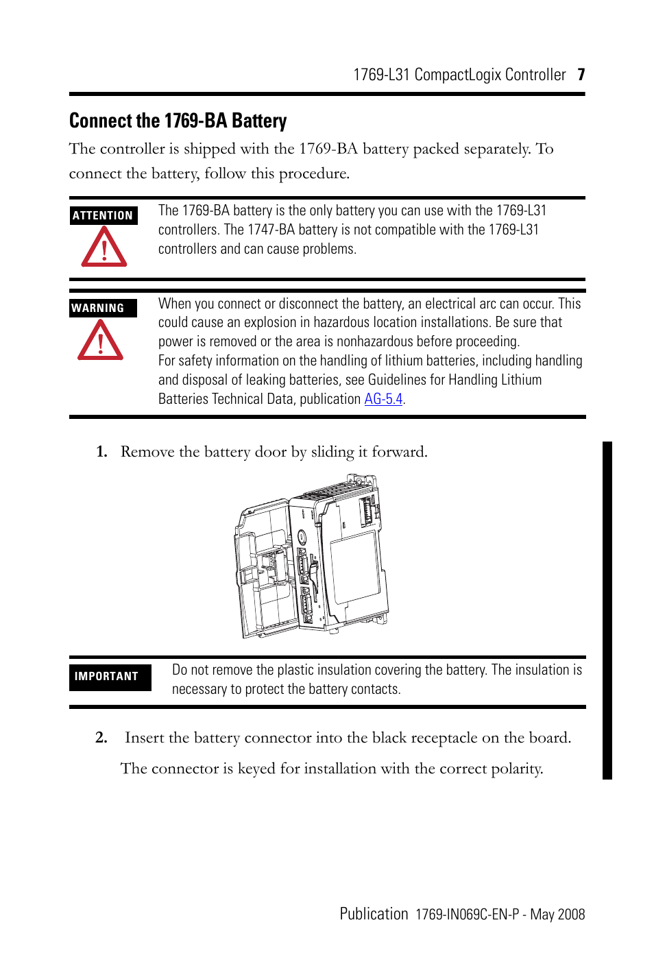 Connect the 1769-ba battery | Rockwell Automation 1769-L31 CompactLogix Controller Installation Instructions User Manual | Page 7 / 32