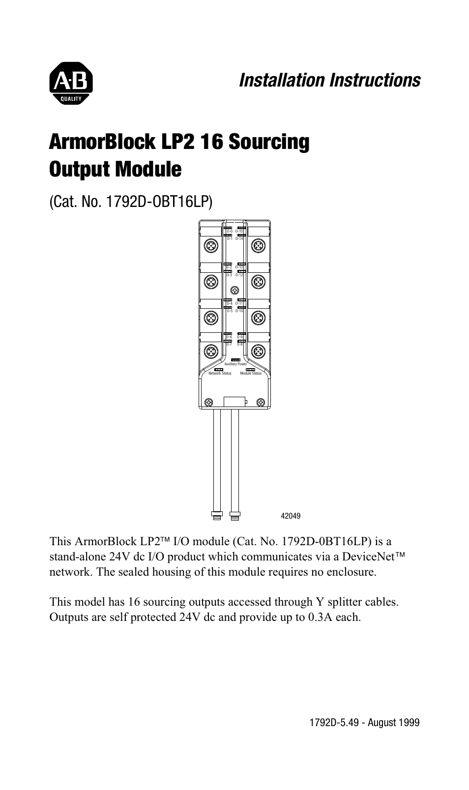 Rockwell Automation 1792D-0BT16LP ArmorBlock LP2 16 Sourcing Output Module User Manual | 11 pages