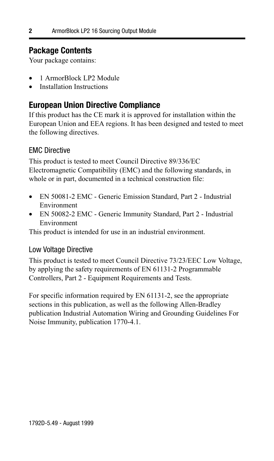 Package contents, European union directive compliance | Rockwell Automation 1792D-0BT16LP ArmorBlock LP2 16 Sourcing Output Module User Manual | Page 2 / 11