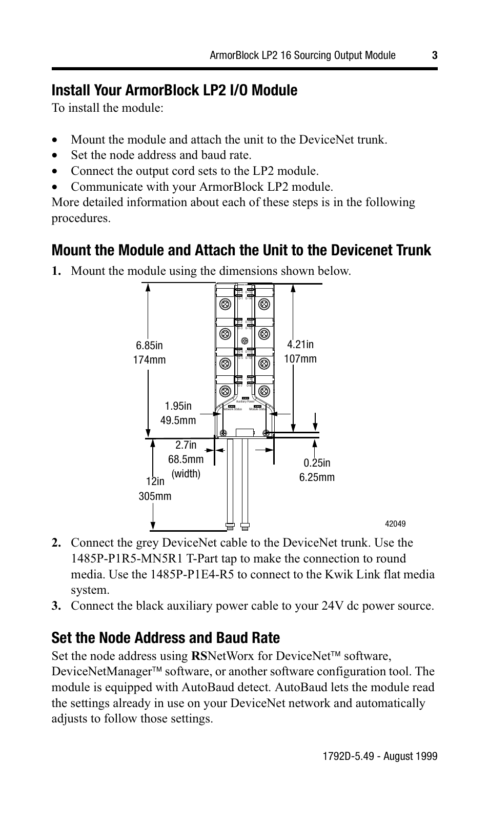 Install your armorblock lp2 i/o module, Set the node address and baud rate | Rockwell Automation 1792D-0BT16LP ArmorBlock LP2 16 Sourcing Output Module User Manual | Page 3 / 11