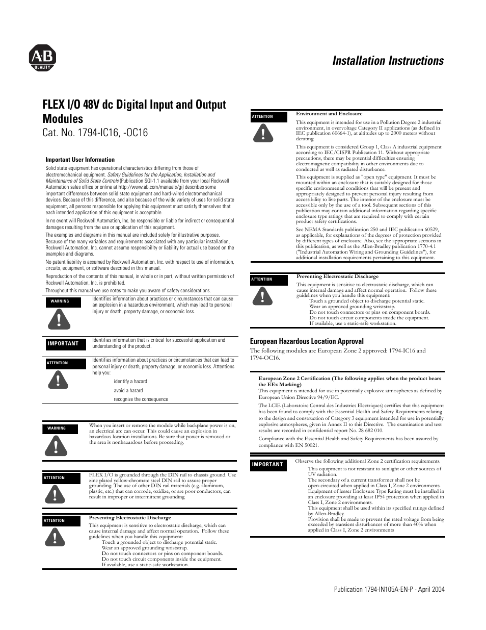 Rockwell Automation 1794-IC16_OC16 FLEX I/O 48V dc Input and Output Modules Inst. Inst. User Manual | 6 pages