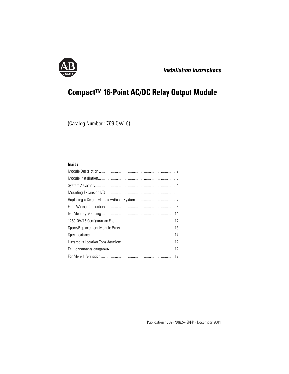 Rockwell Automation 1769-OW16 Compact 16-Point AC/DC Relay Output Module User Manual | 20 pages