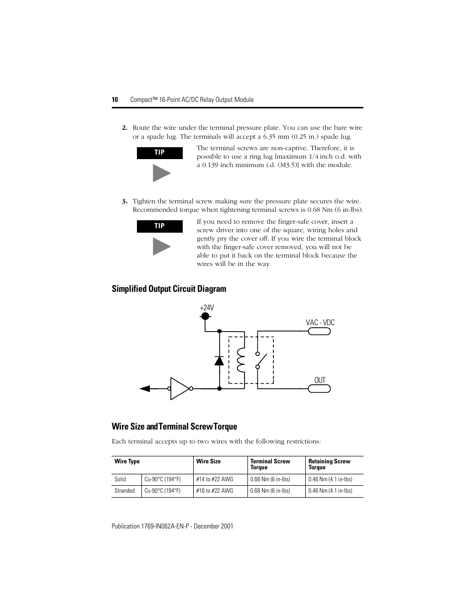 Simplified output circuit diagram, Wire size and terminal screw torque | Rockwell Automation 1769-OW16 Compact 16-Point AC/DC Relay Output Module User Manual | Page 10 / 20