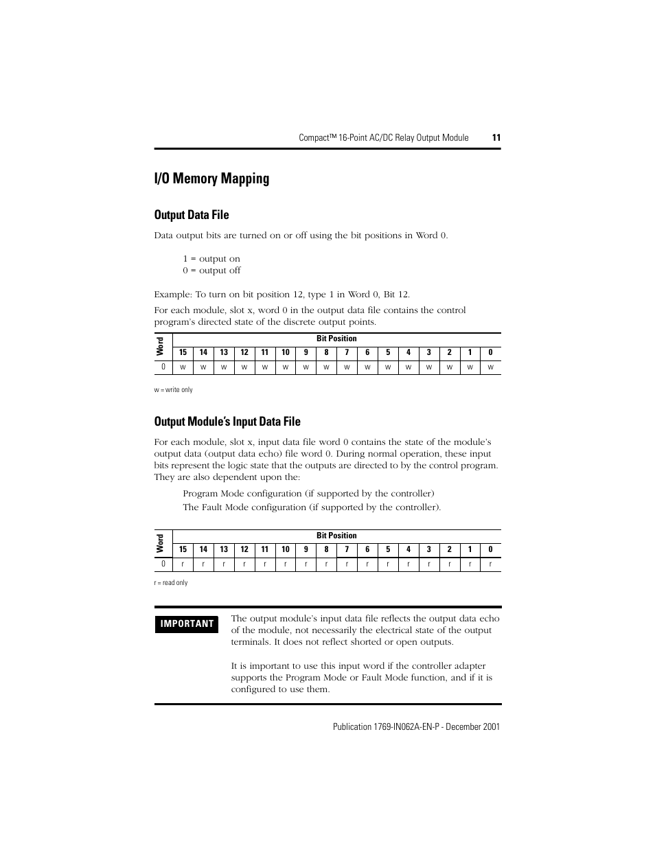 I/o memory mapping, Output data file, Output module’s input data file | Rockwell Automation 1769-OW16 Compact 16-Point AC/DC Relay Output Module User Manual | Page 11 / 20