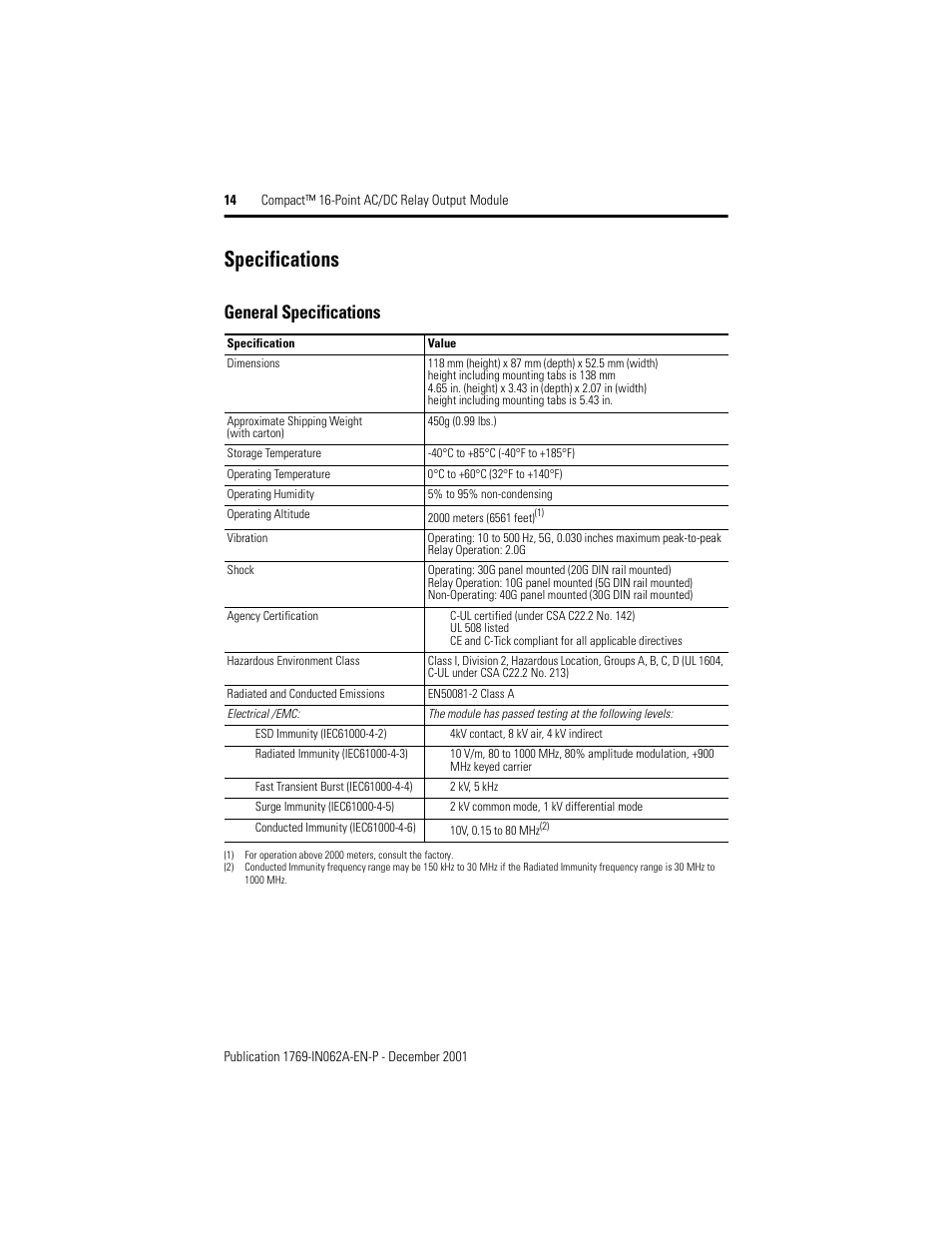 Specifications, General specifications | Rockwell Automation 1769-OW16 Compact 16-Point AC/DC Relay Output Module User Manual | Page 14 / 20