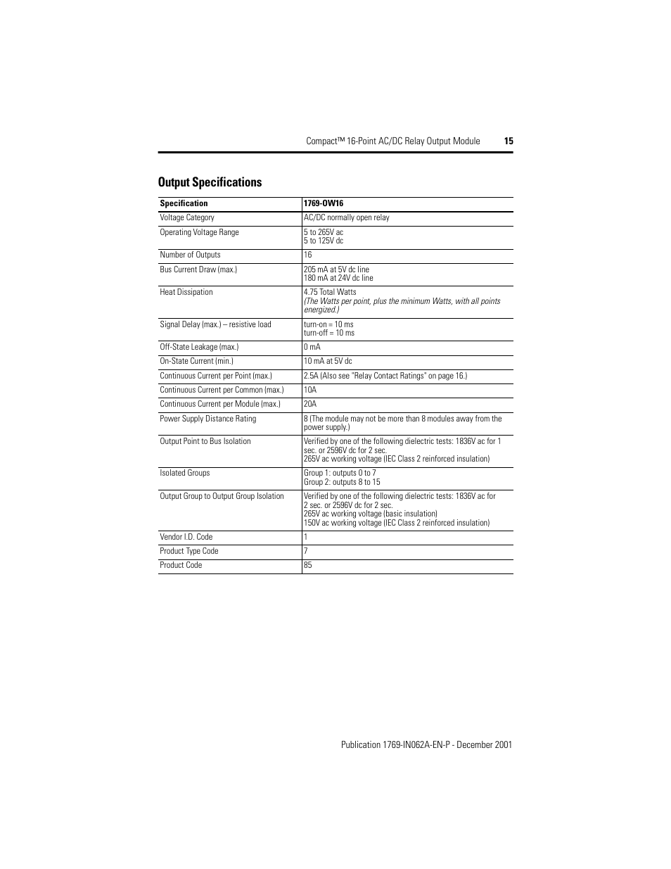 Output specifications | Rockwell Automation 1769-OW16 Compact 16-Point AC/DC Relay Output Module User Manual | Page 15 / 20